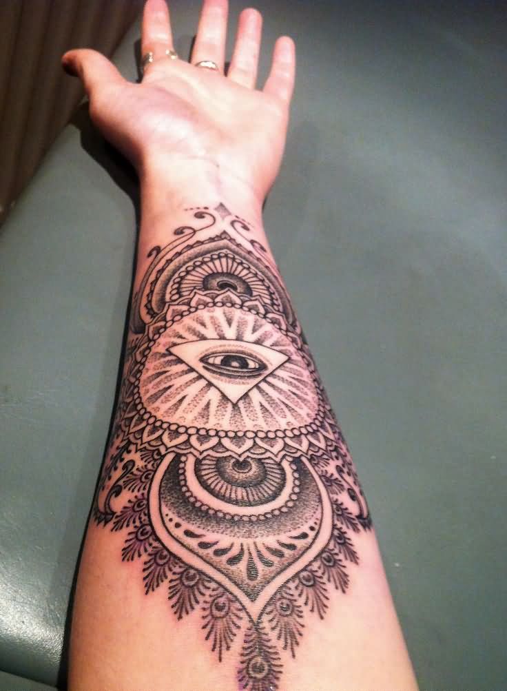 Beautiful Grey Ink Triangle Eye With Mandala Flower Tattoo On Forearm