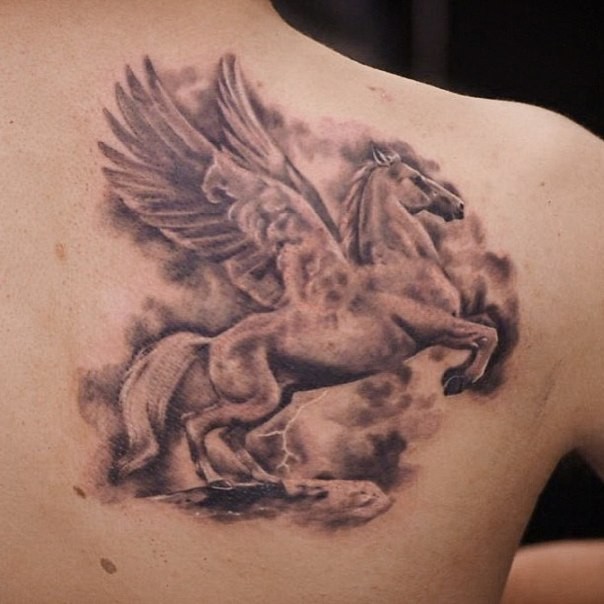 Beautiful Grey Pegasus Tattoo On Right Back Shoulder