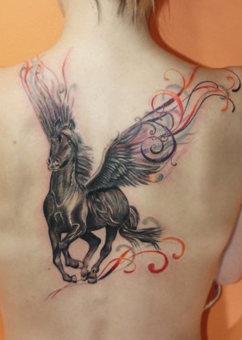 Beautiful Grey Running Pegasus Tattoo On Upper Back