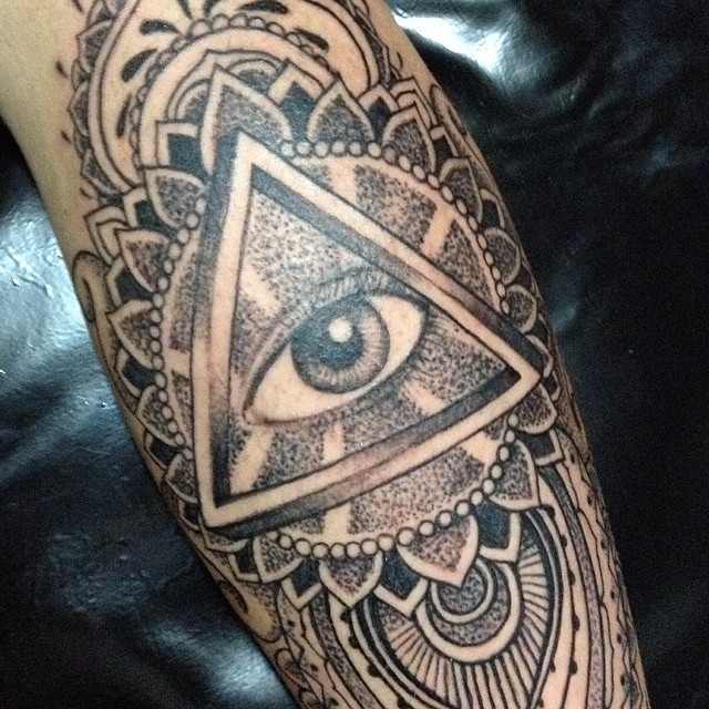 Beautiful Grey Triangle Eye And Mandala Flower Dotwork Tattoo