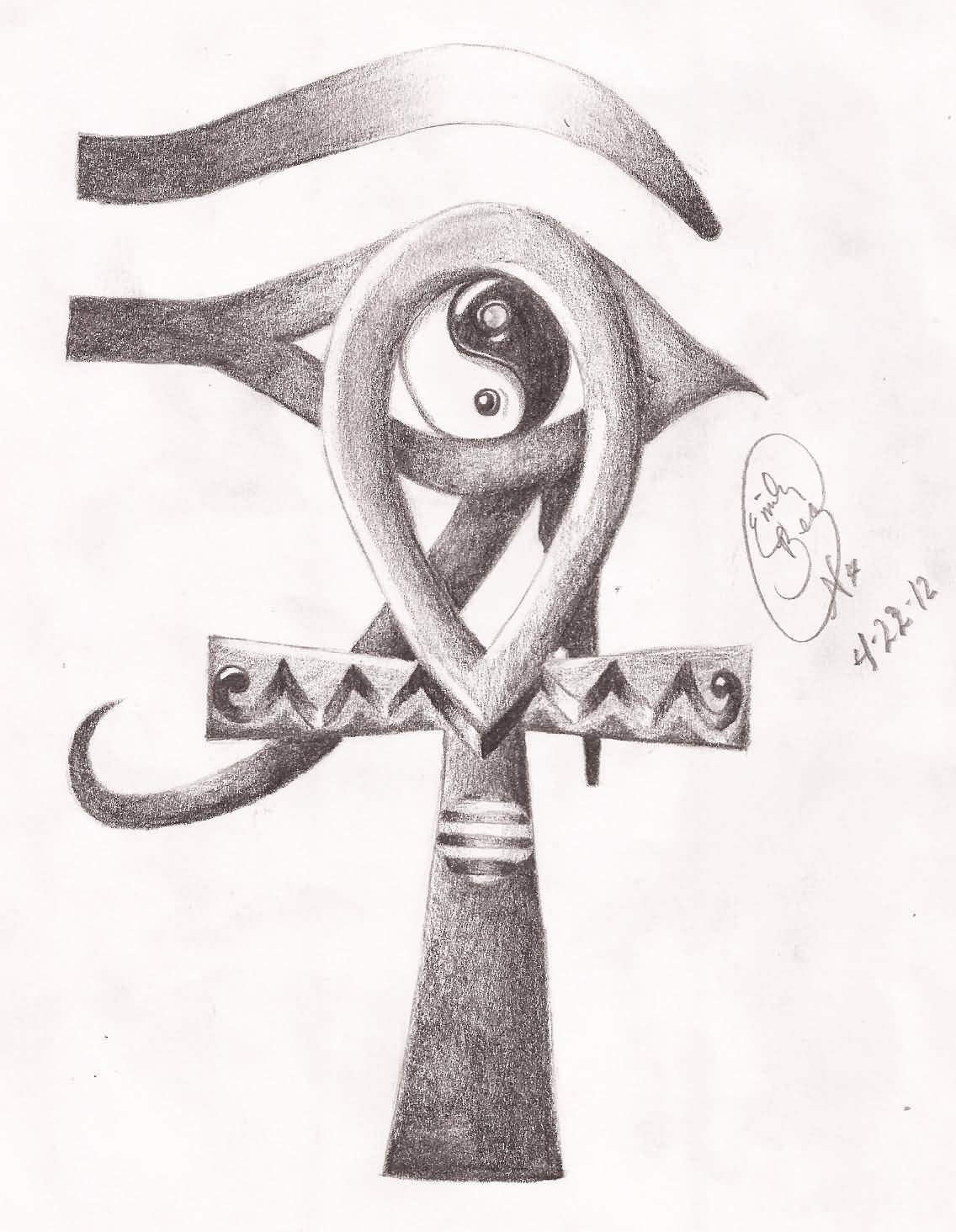 Beautiful Horus Eye With Yin Yang And Ankh Tattoo Design