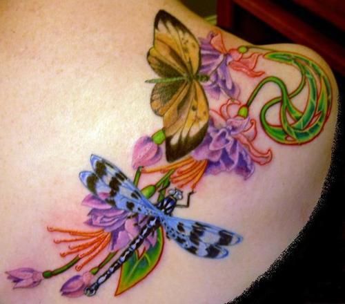 Beautiful Iris Flowers With Butterfly Tattoo On Upper Shoulder