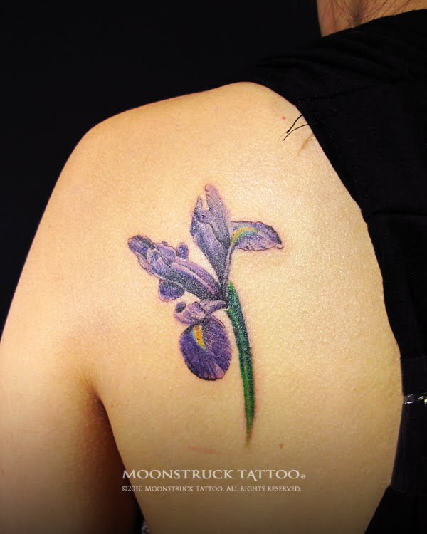 Beautiful Iris Tattoo On Back Left Shoulder