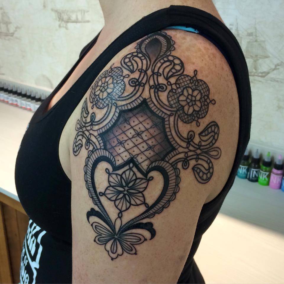 Beautiful Lace Design Tattoo On Shoulder by Emma Kerr