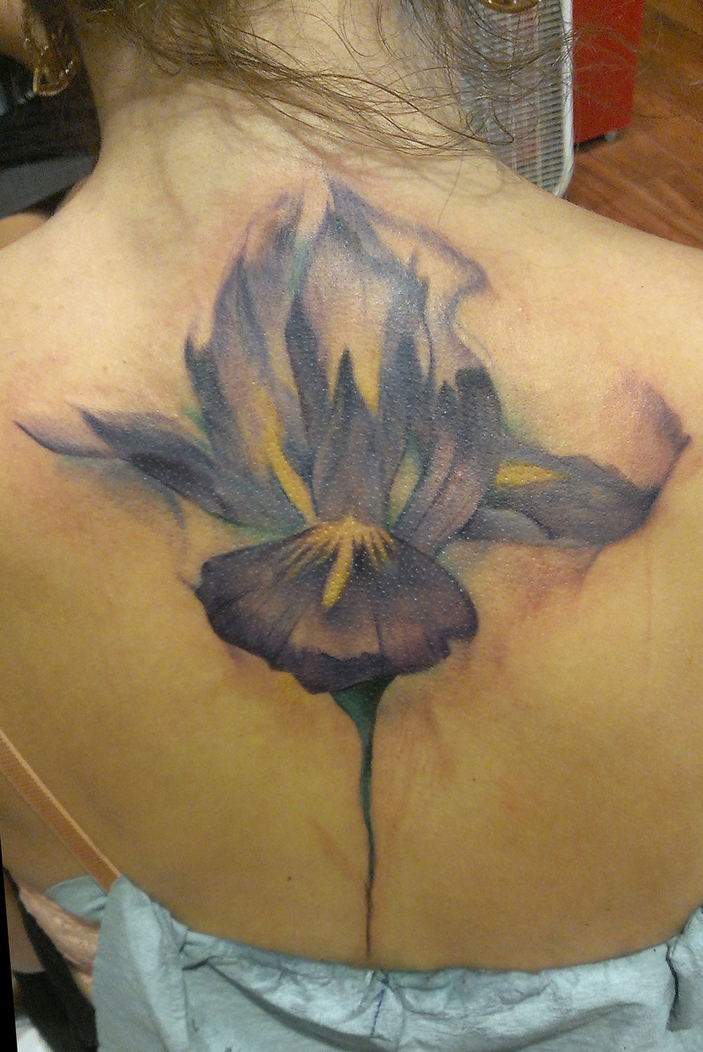 Beautiful Large Purple Iris Flower Watercolor Tattoo On Spine Chord