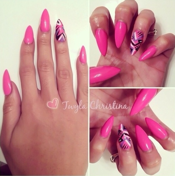 Beautiful Pink Stiletto Nail Art Design Idea