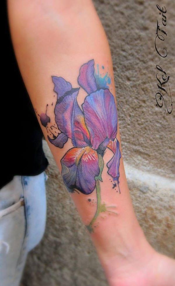 Beautiful Purple Iris Watercolor Tattoo On Forearm