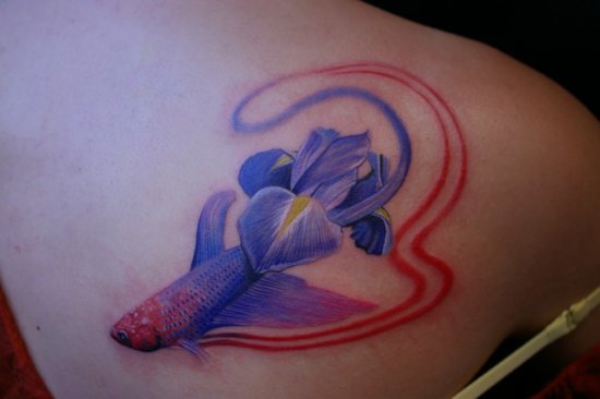 Beautiful Purple Iris With Fish Tattoo On Upper Shoulder