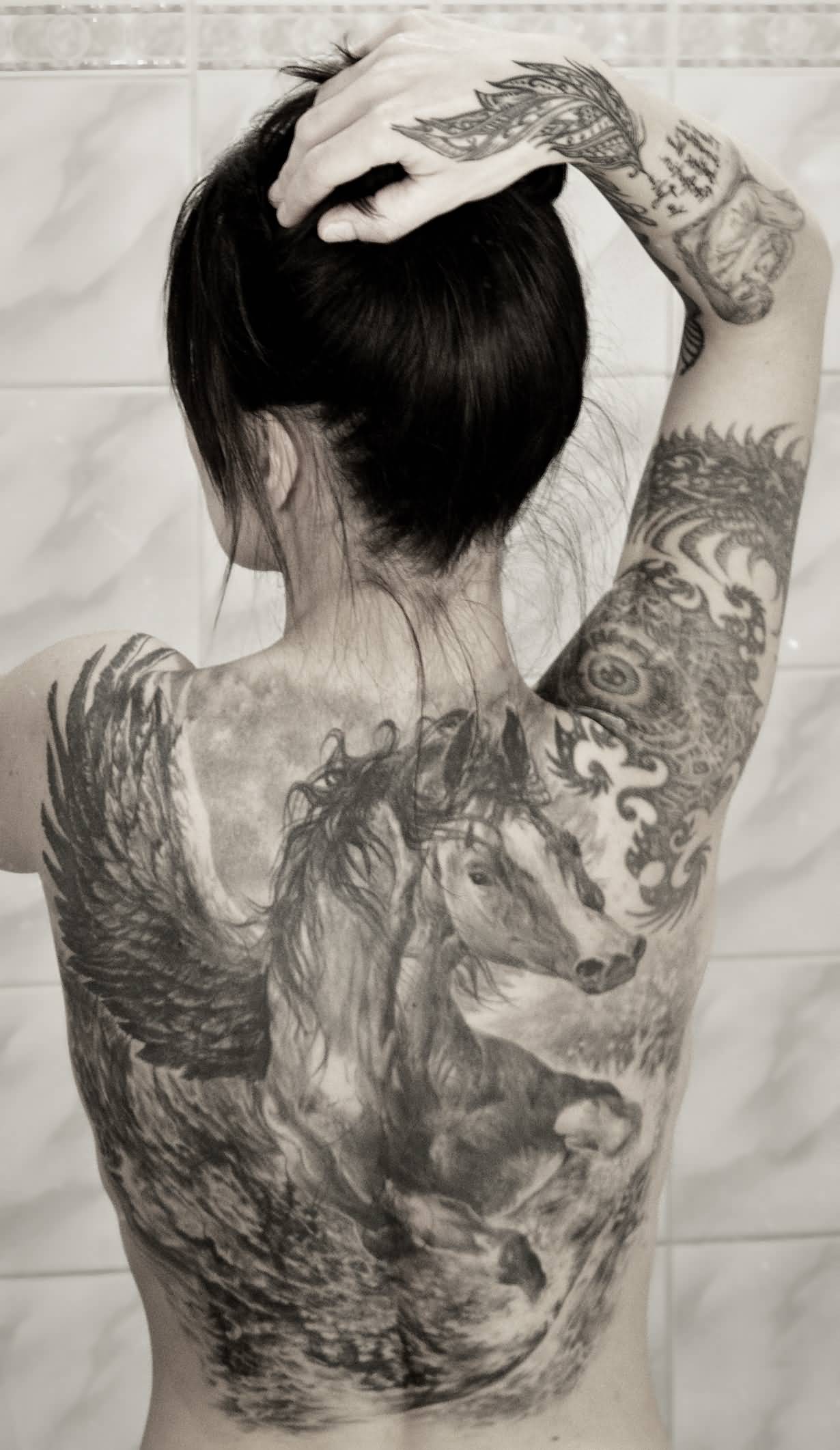 Beautiful Realistic Pegasus Black And White Tattoo On Upper Back