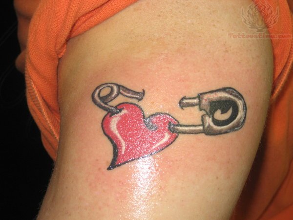 Beautiful Red Heart And Safety Pin Tattoo On Shoulder