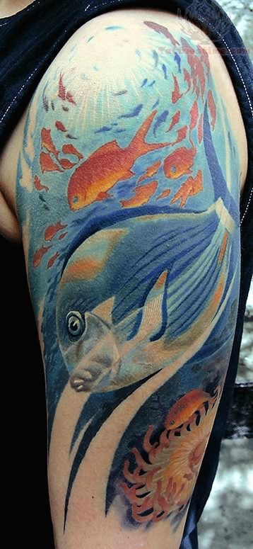 Beautiful Saltwater Fishes Under Water View Tattoo On Left Half Sleeve