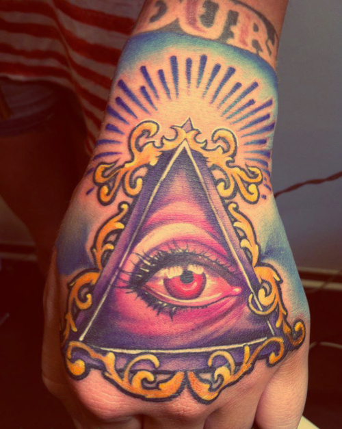 Beautiful Triangle Eye Color Tattoo On Hand