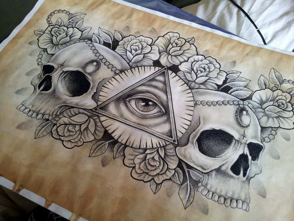 Beautiful Triangle Eye With Skulls And Roses Tattoo Design
