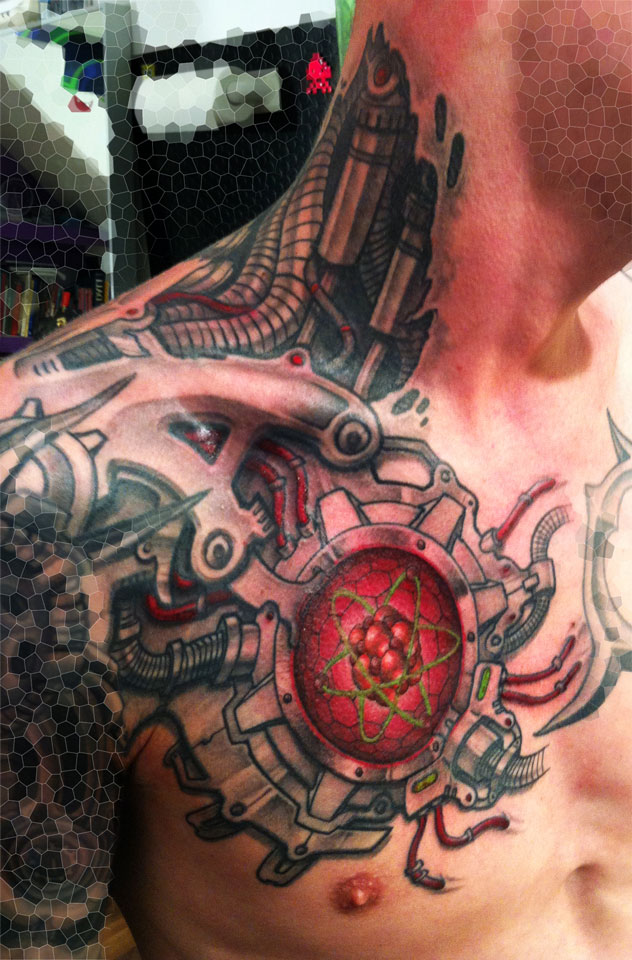 Best Biomechanical Color Tattoo On Shoulder And Chest