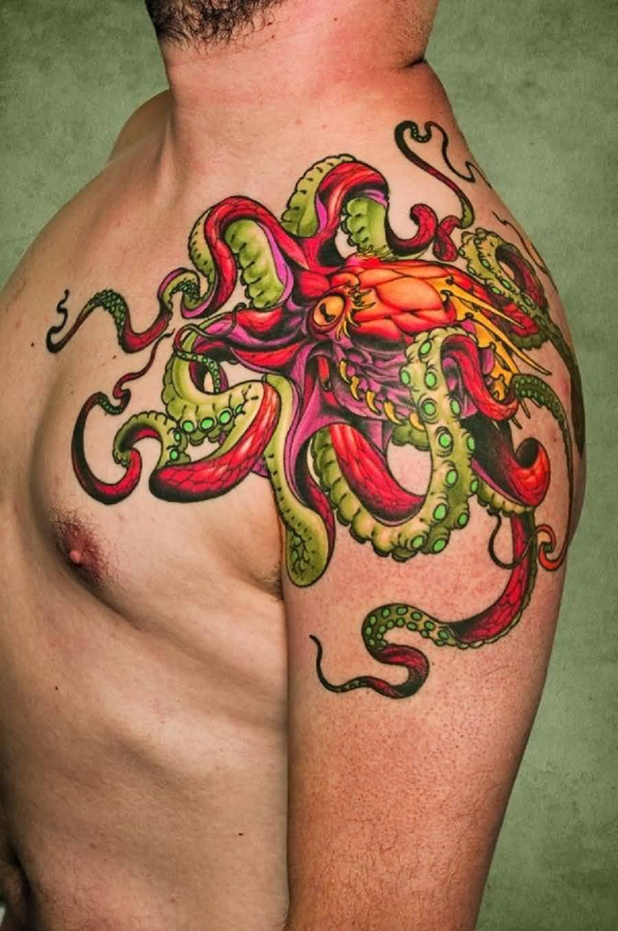 Big Red And Green Octopus Tattoo On Left Shoulder For Men