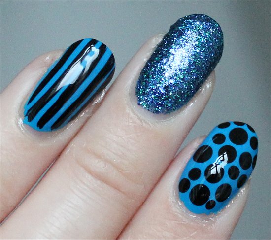 Black And Blue Stripes And Polka Dots Nail Art
