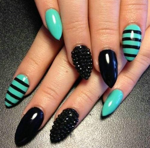 Black And Blue Stripes Stiletto Nail Art With Caviar Beads Design