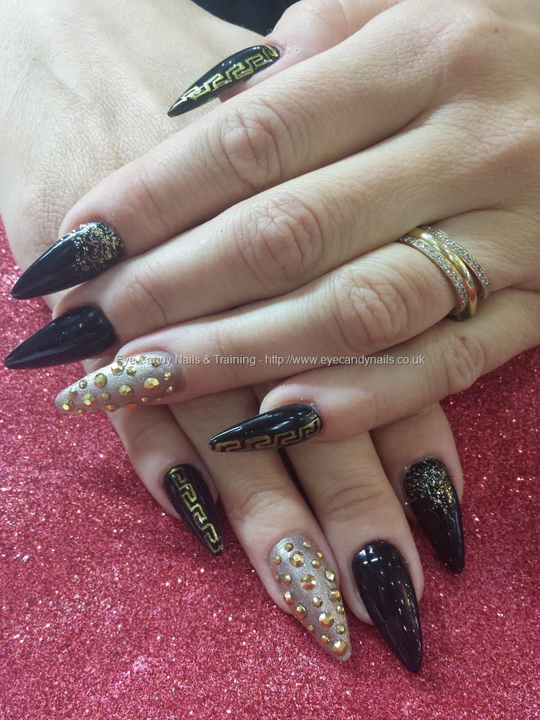 Black And Gold Caviar Beads Stiletto Nail Art