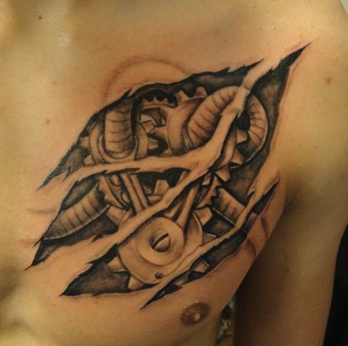 Black And Grey 3D Biomechanical Tattoo On Left Chest