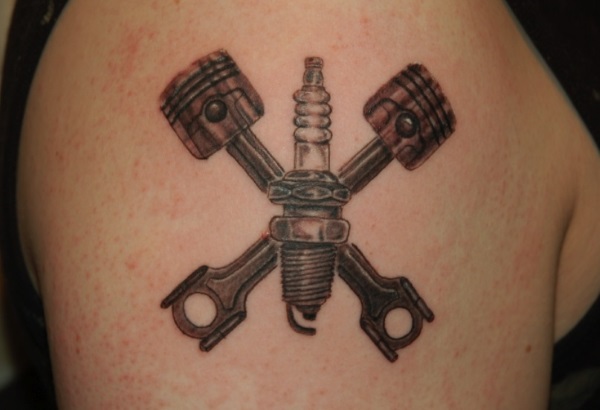 Black And Grey Mechanic Parts Tattoo On Right Shoulder