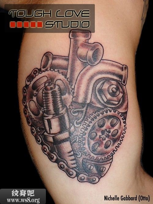 Black And Grey Mechanical Heart Tattoo On Bicep