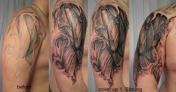 Black And Grey Muscles Tattoo On Right Half Sleeve