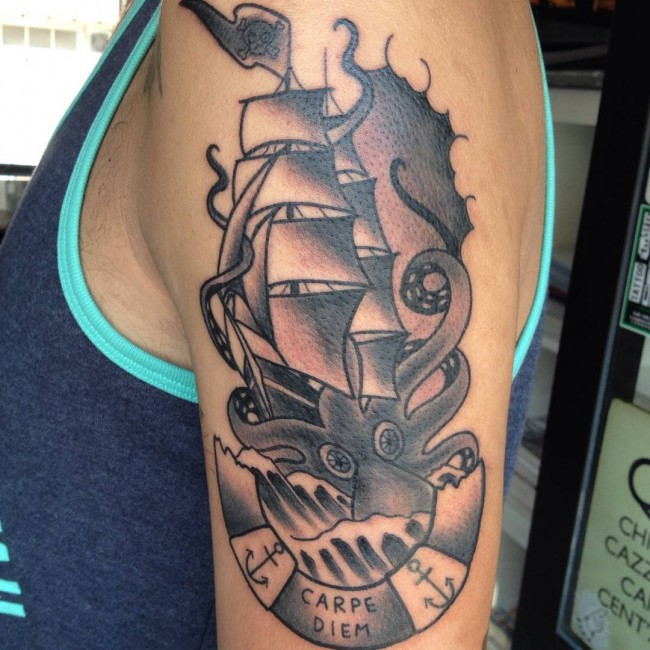 Black And Grey Octopus And Seaship Tattoo On Left Half Sleeve