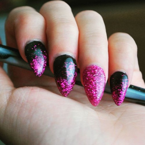 Black And Pink Glitter Gel Stiletto Nail Art