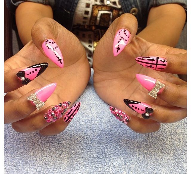 Black And Pink Stiletto Nail Art With 3d Bows Design Idea