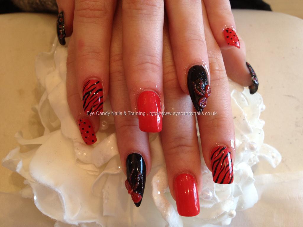Black And Red Animal Print Stiletto Nail Art With 3D Bow Design