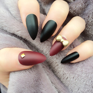 Black And Red Matte Stiletto Nail Art With Crystal 3D Bow Design