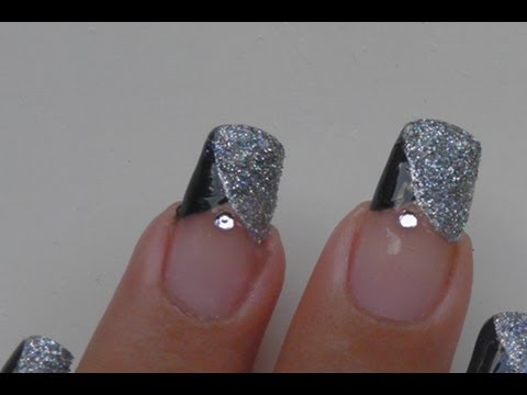 Black And Silver Glitter French Tip Nail Art