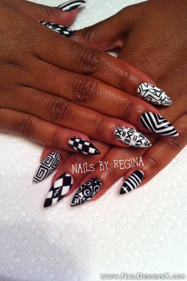Black And White Beautiful Design Stiletto Nail Art