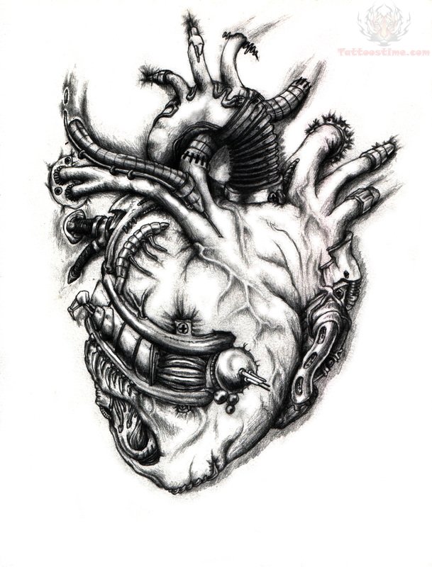 Black And White Heart Mechanical Tattoo Design