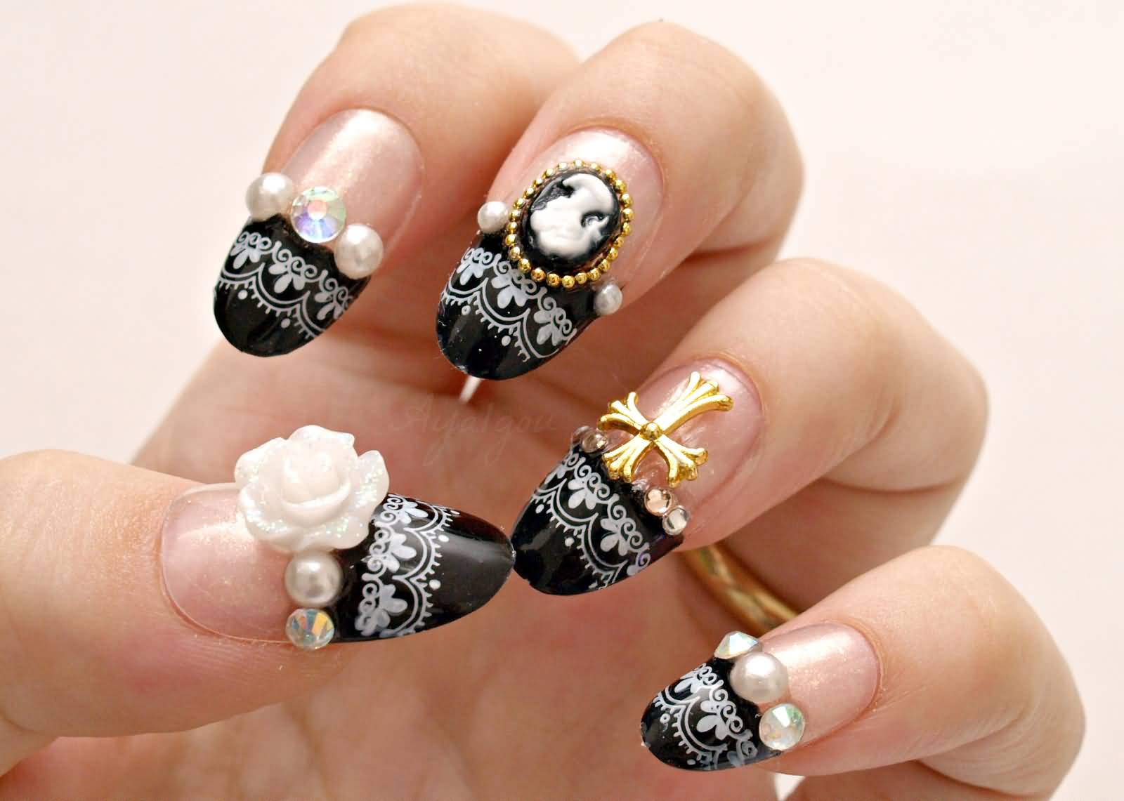 Black And White Lace Design With 3D Rose Flower And Golden Cross Bling Nail Art