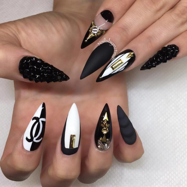Black And White Matte Stiletto Nail Art With Gold Bling Design