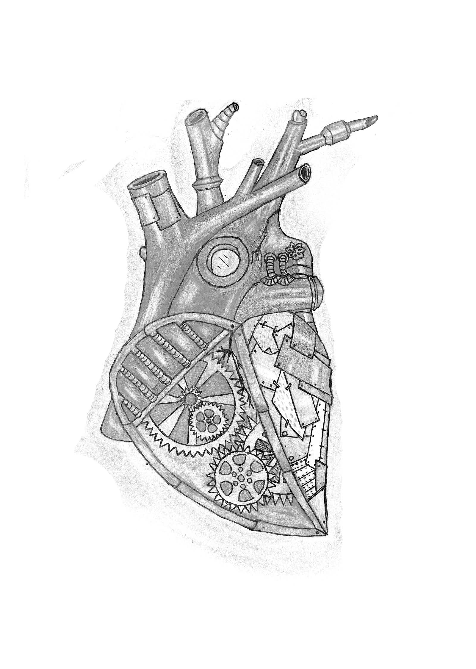 Black And White Mechanical Heart Tattoo Design By Tsipirika