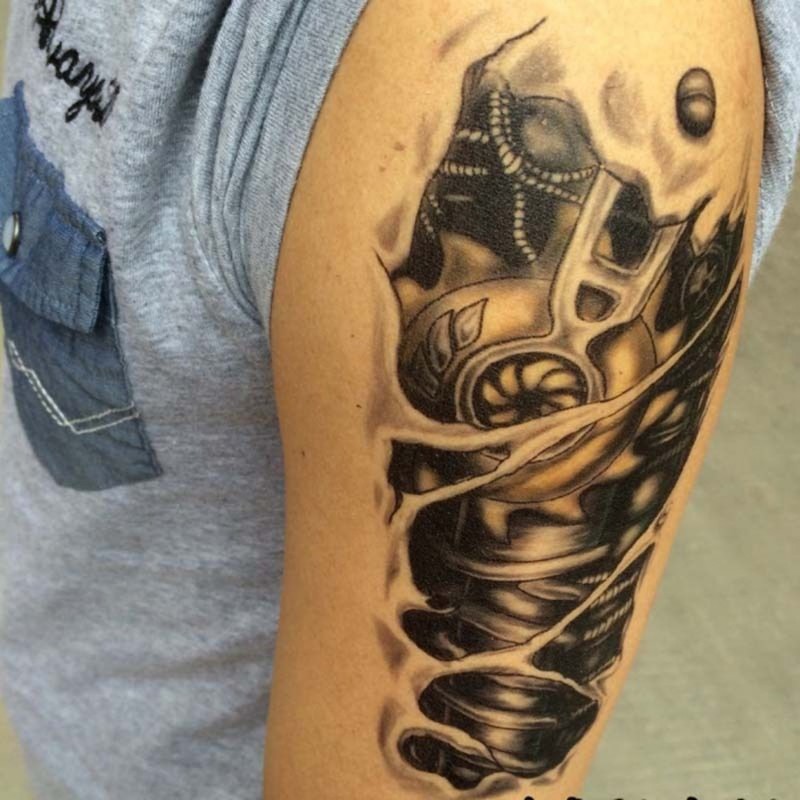 Black And White Mechanical Parts Under Skin Tattoo On Left Half Sleeve