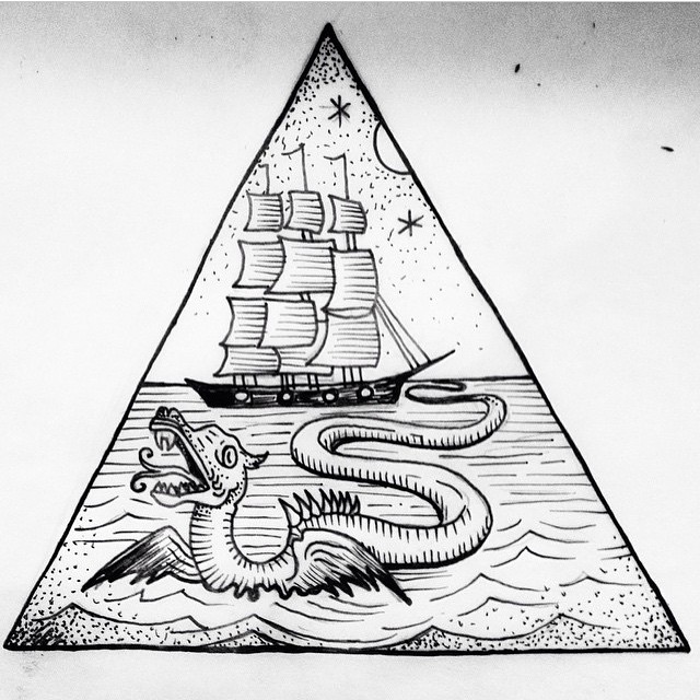 Black And White Sea Monster With Seaship In Triangle Tattoo Design