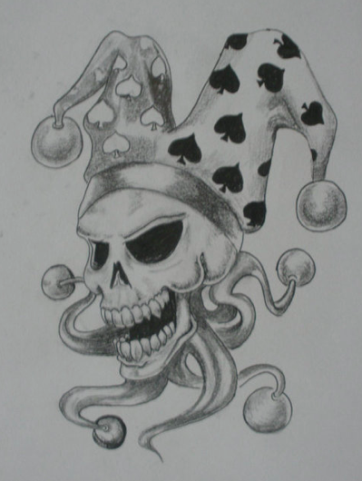 Black And White Skull With Jester Hat Tattoo Design By Kaydeeire