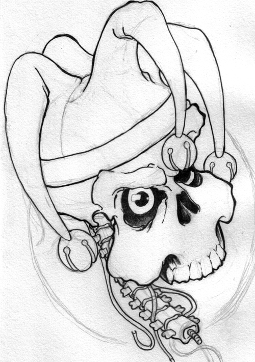Black And White Skull With Jester Hat Tattoo Design