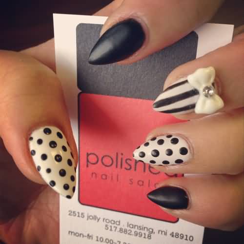Black And White Stripes And Polka Dots Stiletto Nail Art With 3D Bow Design Idea