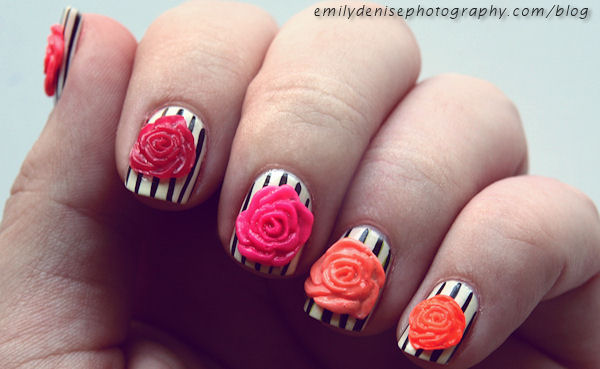 Black And White Stripes Nails With Rose Flowers 3D Nail Art