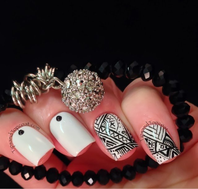 Black And White Tribal Nail Art With Black Caviar Beads Design