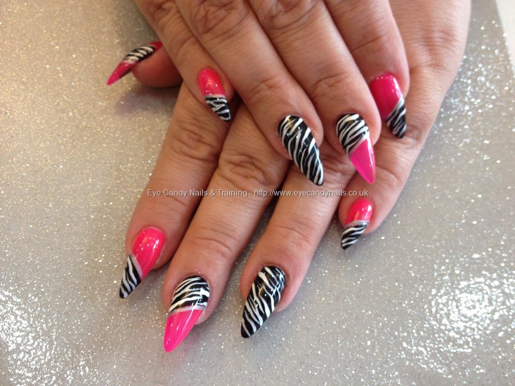 Black And White Zebra Stripes Design Stiletto Nail Art With Pink Tip
