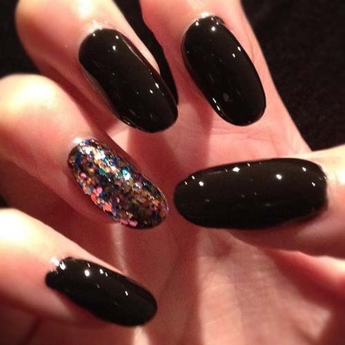 Black Glossy Nails With Accent Glitter Nail Art