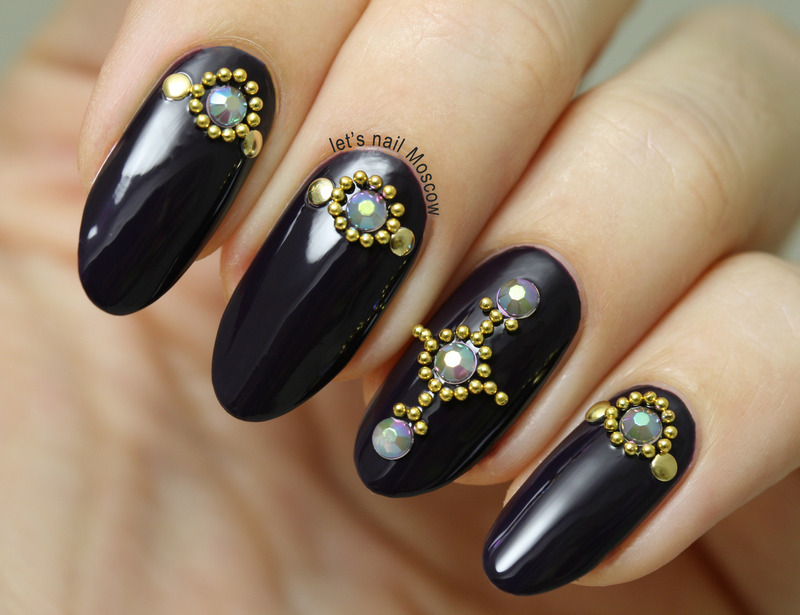Black Glossy Nails With Golden Caviar Beads 3D Nail Art