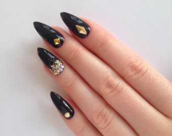 Black Glossy Stiletto Nail Art With Gold Caviar Beads Design