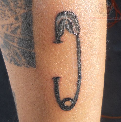 Black Ink Safety Pin Ripped Skin Tattoo