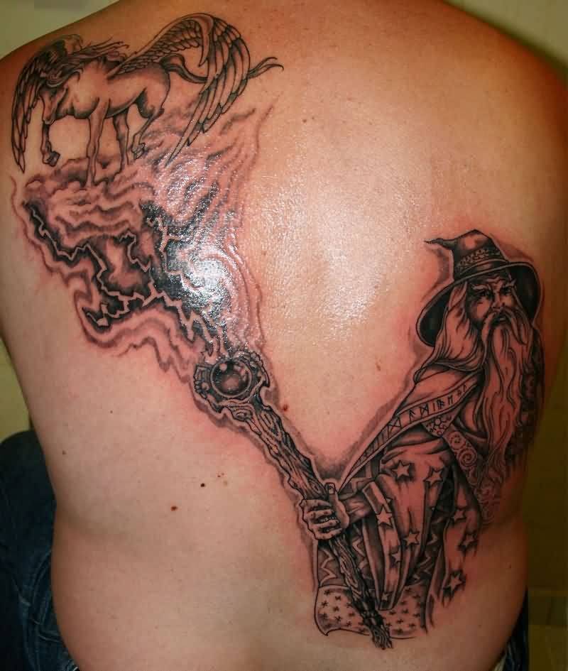 Black Ink Scary Wizard With Pegasus Tattoo On Full Back